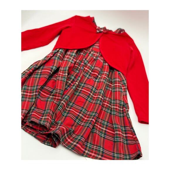 Girls Plaid Christmas Dress & Red Jacket | Size 130 | US 7/8 | Holiday Outfit - Picture 1 of 3